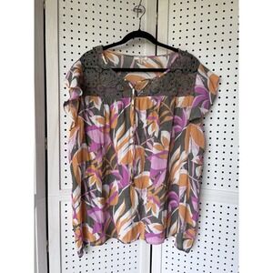 Como Blu Women's 2X Floral Tropical Short SLV Eyelet Blouse Rayon Poly Boho